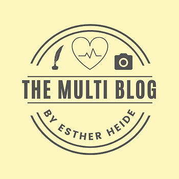 The logo of The Multi Blog by Esther Heide shows a writing feather, a heart with a beat, a camera and the name of the blog.